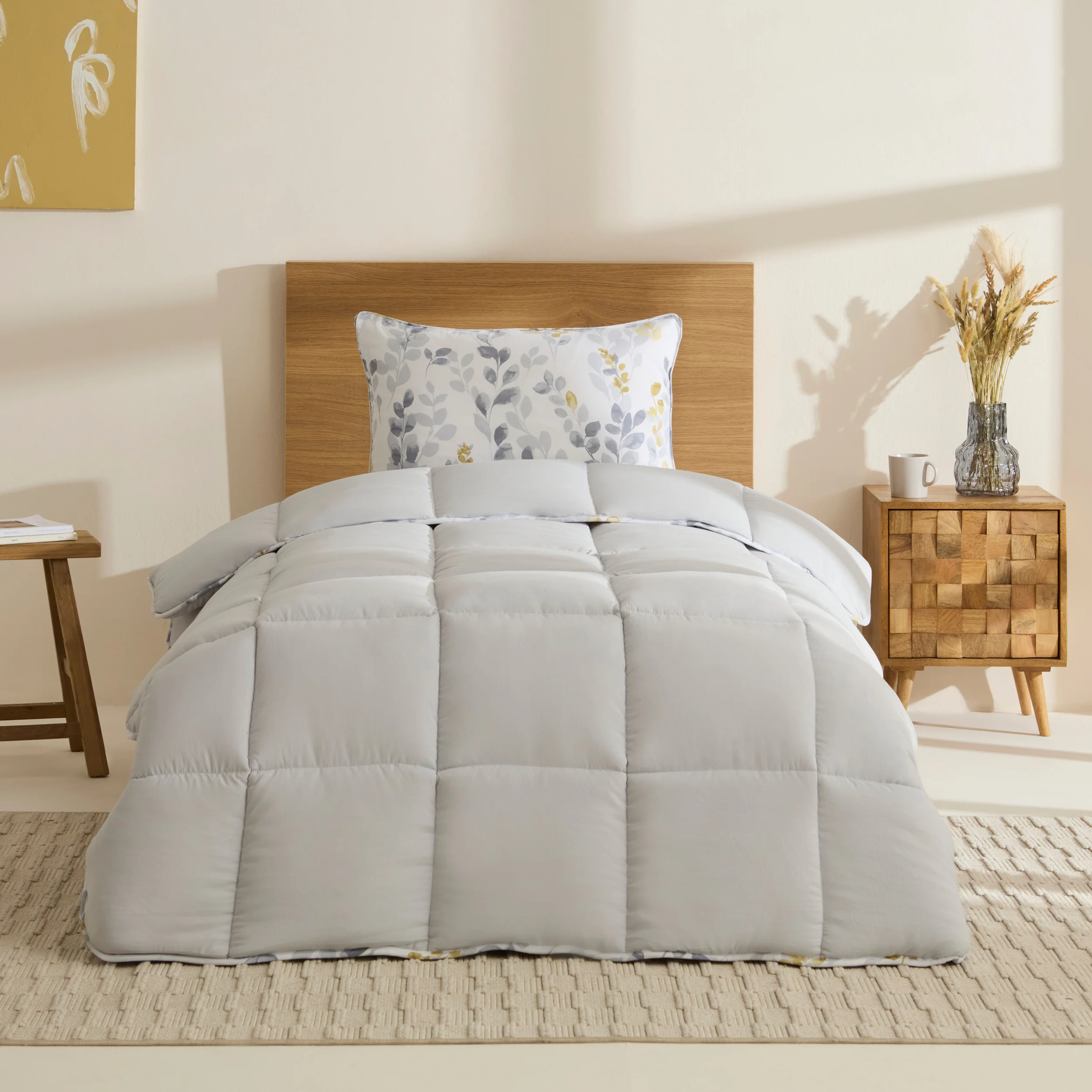 Karaca Leaf Graues Einzel Comforter Set 155x220+50x70