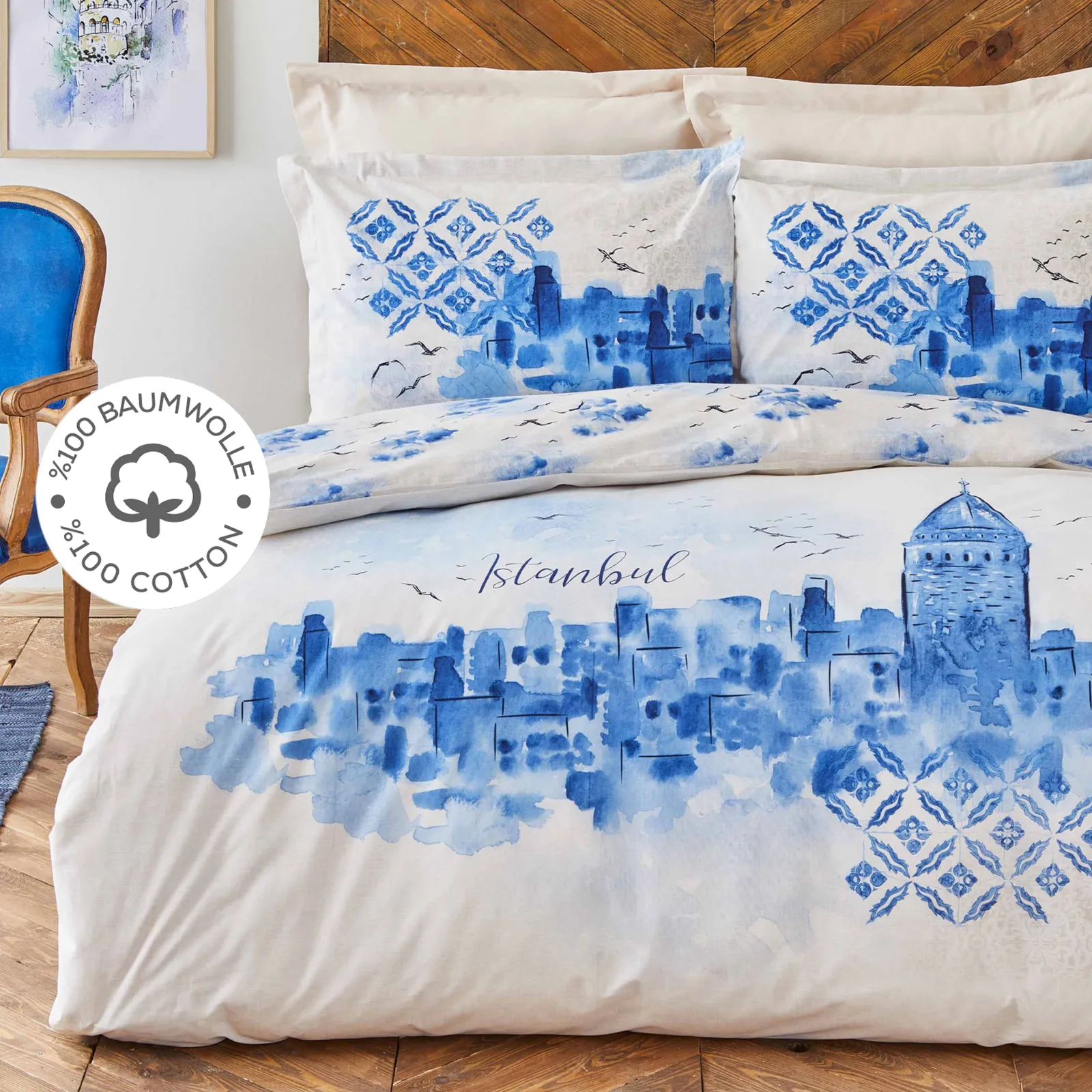 Karaca Home Galata Blauer Doppelbettbezug aus 100% Baumwolle – Bild 2