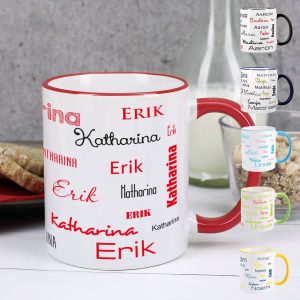 Tasse mit zwei Namen in verschiedenen Schriftarten