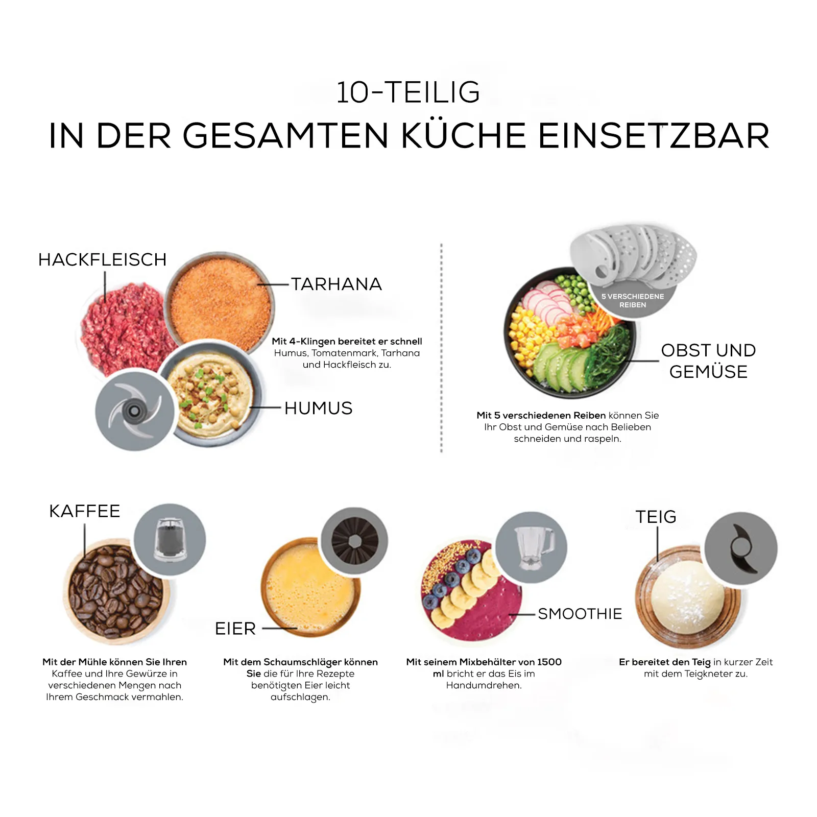 Karaca Mastermaid Power Multifunktionsset 10 in 1 Lebensmittelzubereitung 2000W Lila – Bild 4