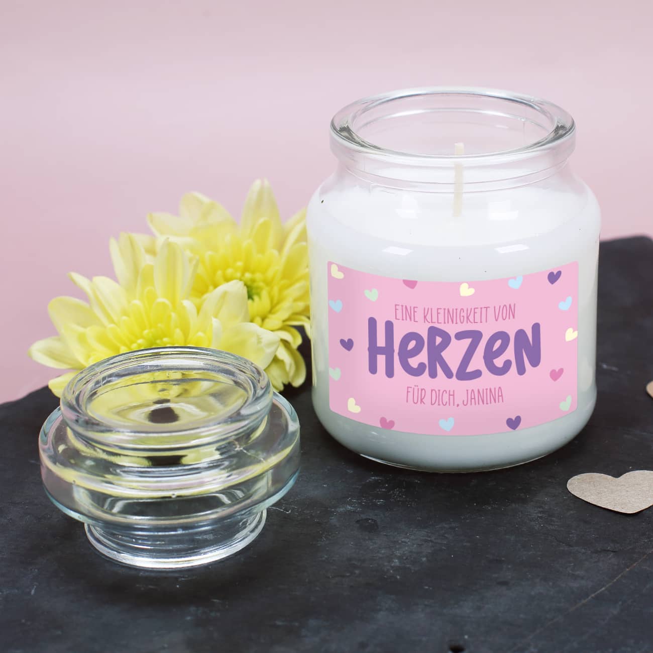 Eine Kleinigkeit von Herzen - Duftkerze im Glas mit Ihrem Wunschtext – Bild 2