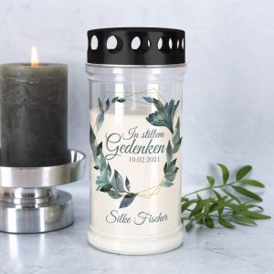 Grablicht mit modernem Blätterkranz in zwei Größen