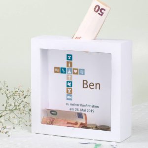 Bilderrahmen Spardose für Jungen zur Kommunion, Konfirmation oder Taufe
