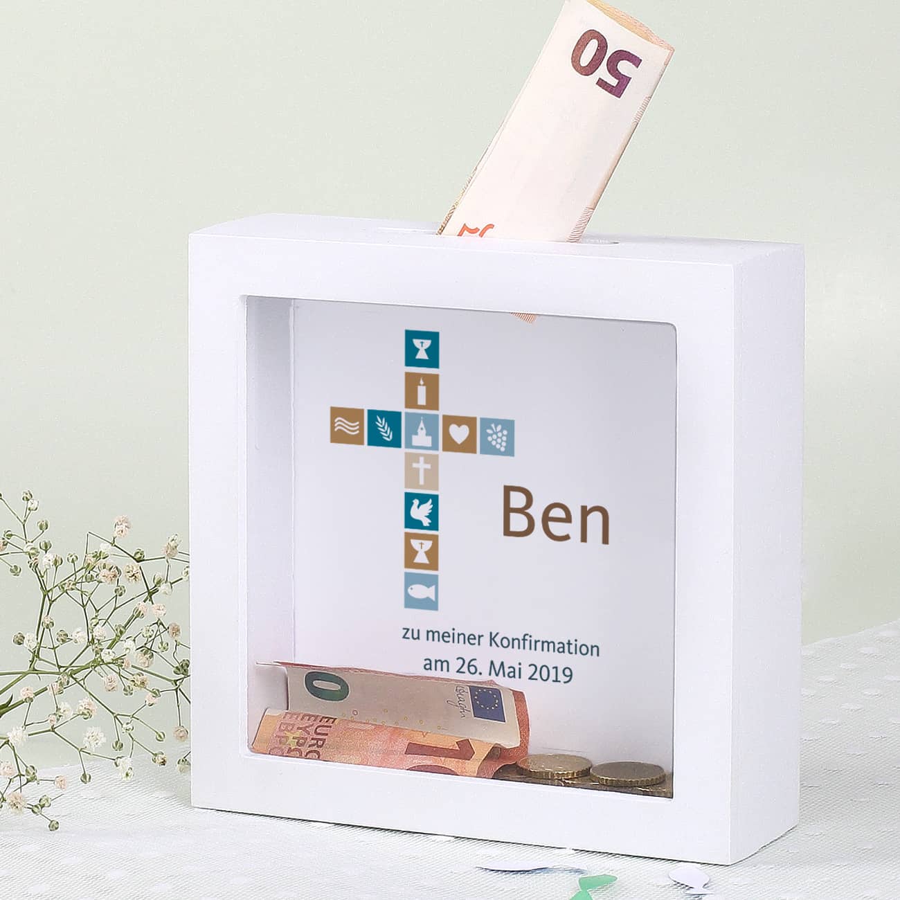 Bilderrahmen Spardose für Jungen zur Kommunion, Konfirmation oder Taufe