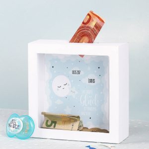 Kleine Bilderrahmen Spardose mit blauem Kindermotiv