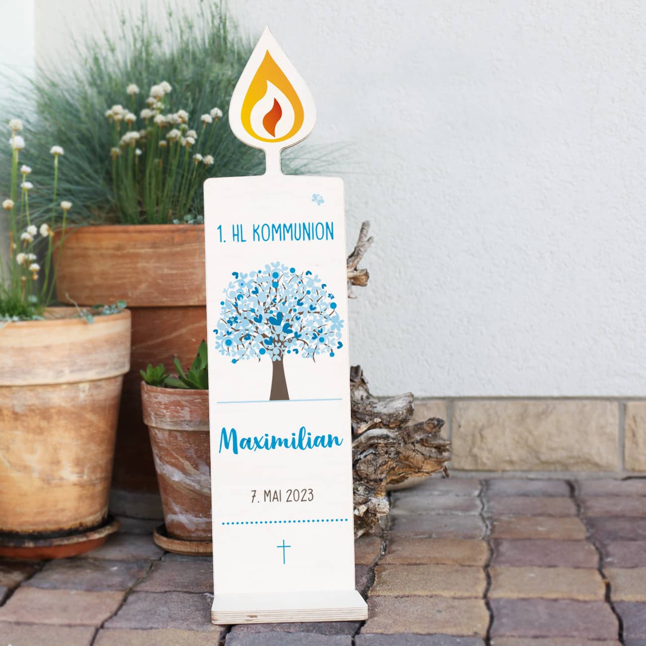 Dekorative Holzkerze mit Lebensbaum zur Taufe, Kommunion und Konfirmation 80x20cm – Bild 7