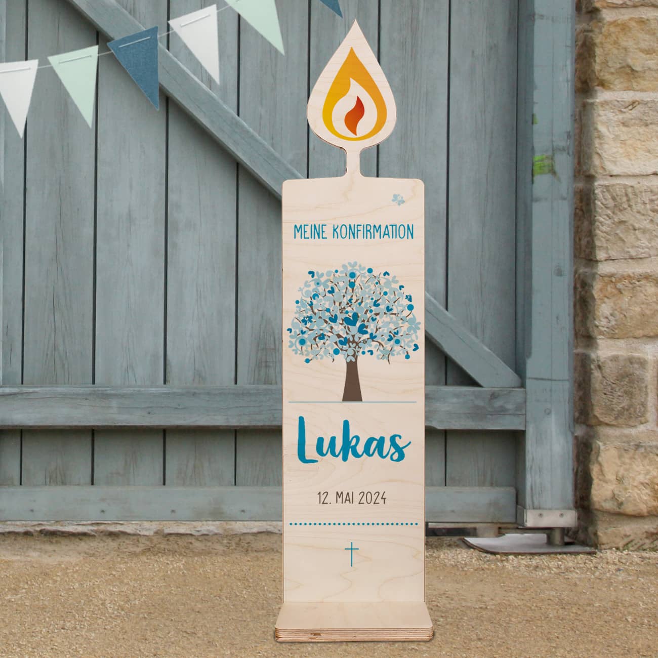 Dekorative Holzkerze mit Lebensbaum zur Taufe, Kommunion und Konfirmation 80x20cm – Bild 5