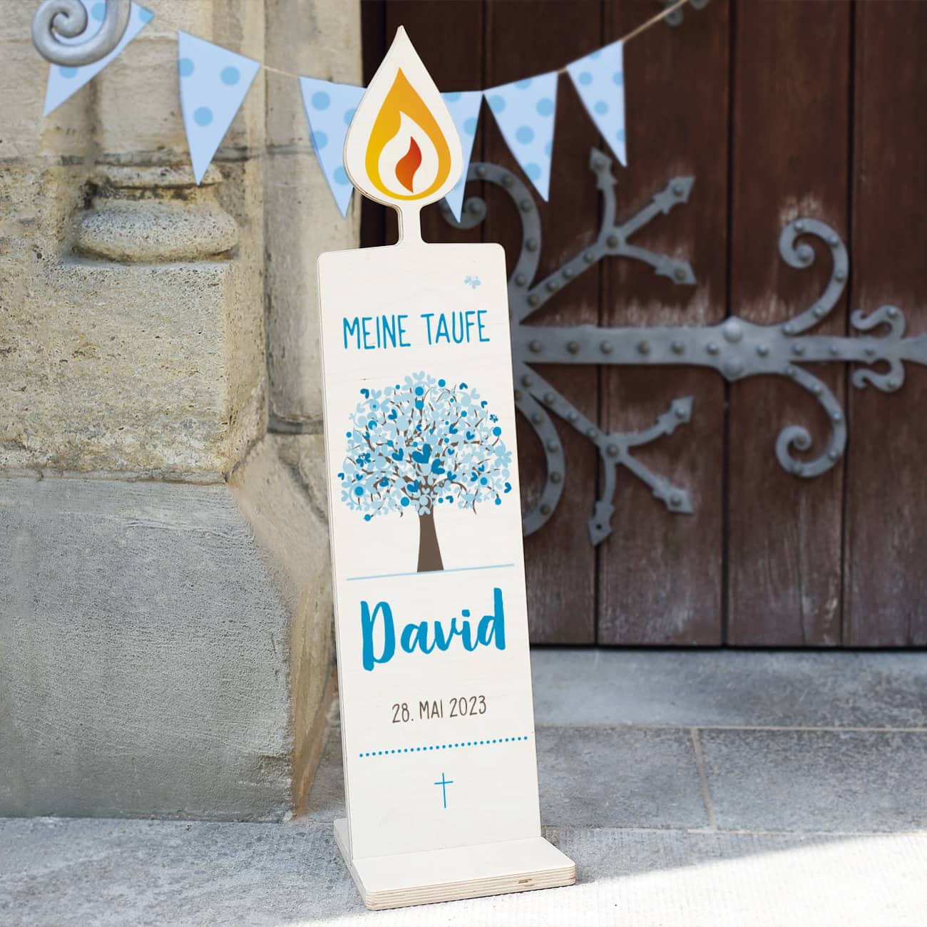 Dekorative Holzkerze mit Lebensbaum zur Taufe, Kommunion und Konfirmation 80x20cm – Bild 6
