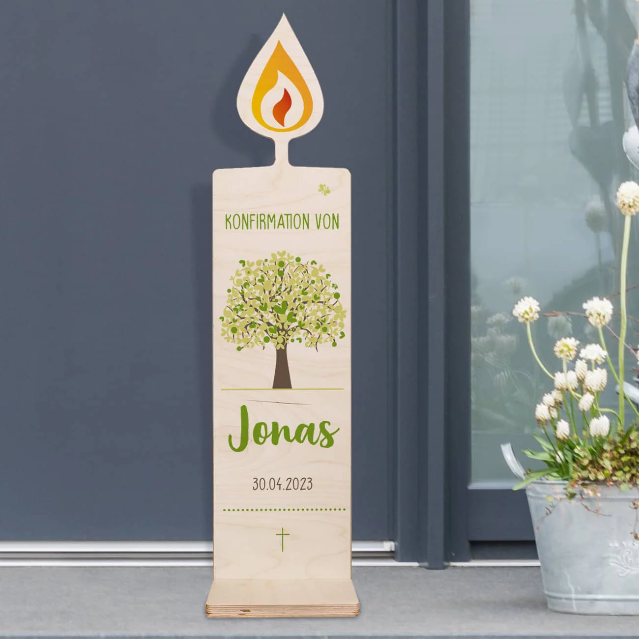 Dekorative Holzkerze mit Lebensbaum zur Taufe, Kommunion und Konfirmation 80x20cm – Bild 2