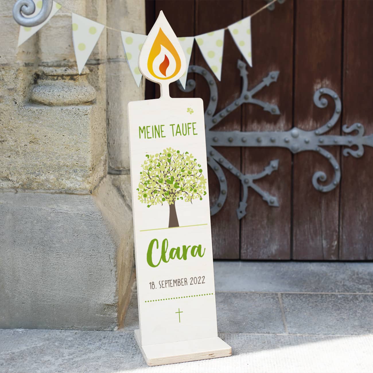 Dekorative Holzkerze mit Lebensbaum zur Taufe, Kommunion und Konfirmation 80x20cm – Bild 3