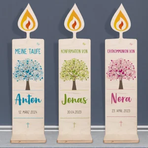 Dekorative Holzkerze mit Lebensbaum zur Taufe, Kommunion und Konfirmation 80x20cm