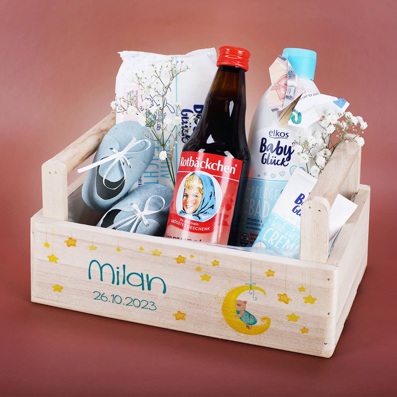 Geschenkkorb mit Mond, Sternen und Teddymotiv für Jungen und Mädchen