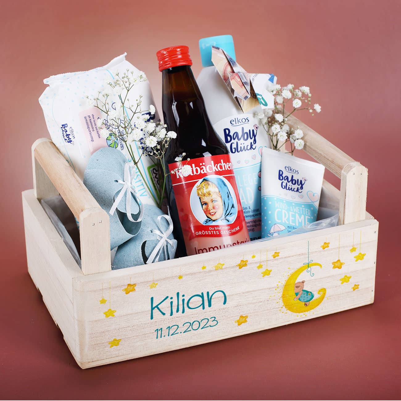 Geschenkkorb mit Mond, Sternen und Teddymotiv für Jungen und Mädchen – Bild 2