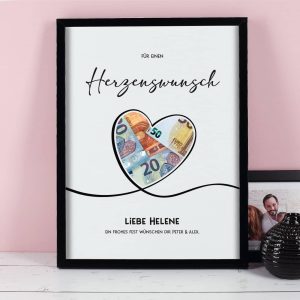 Geldgeschenk von Herzen - Bilderrahmen mit 4 Zeilen Wunschtext, 30x40cm