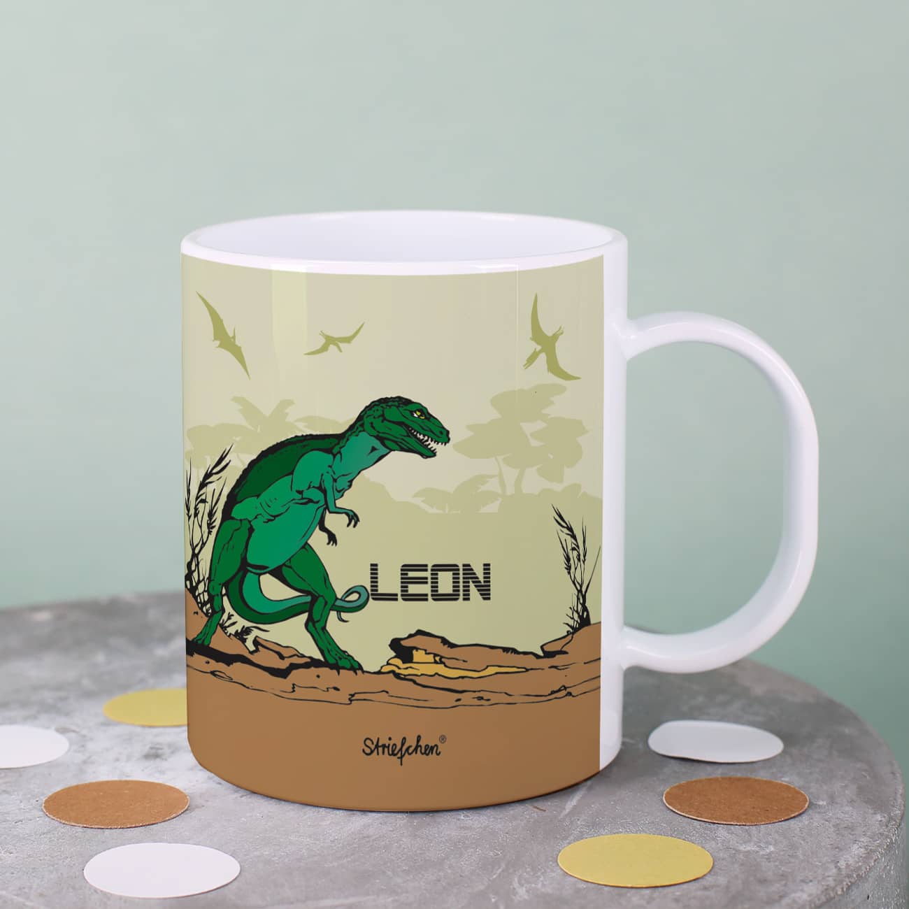 Schöne Kindertasse mit Dinosaurier und Namen des Kindes – Bild 2