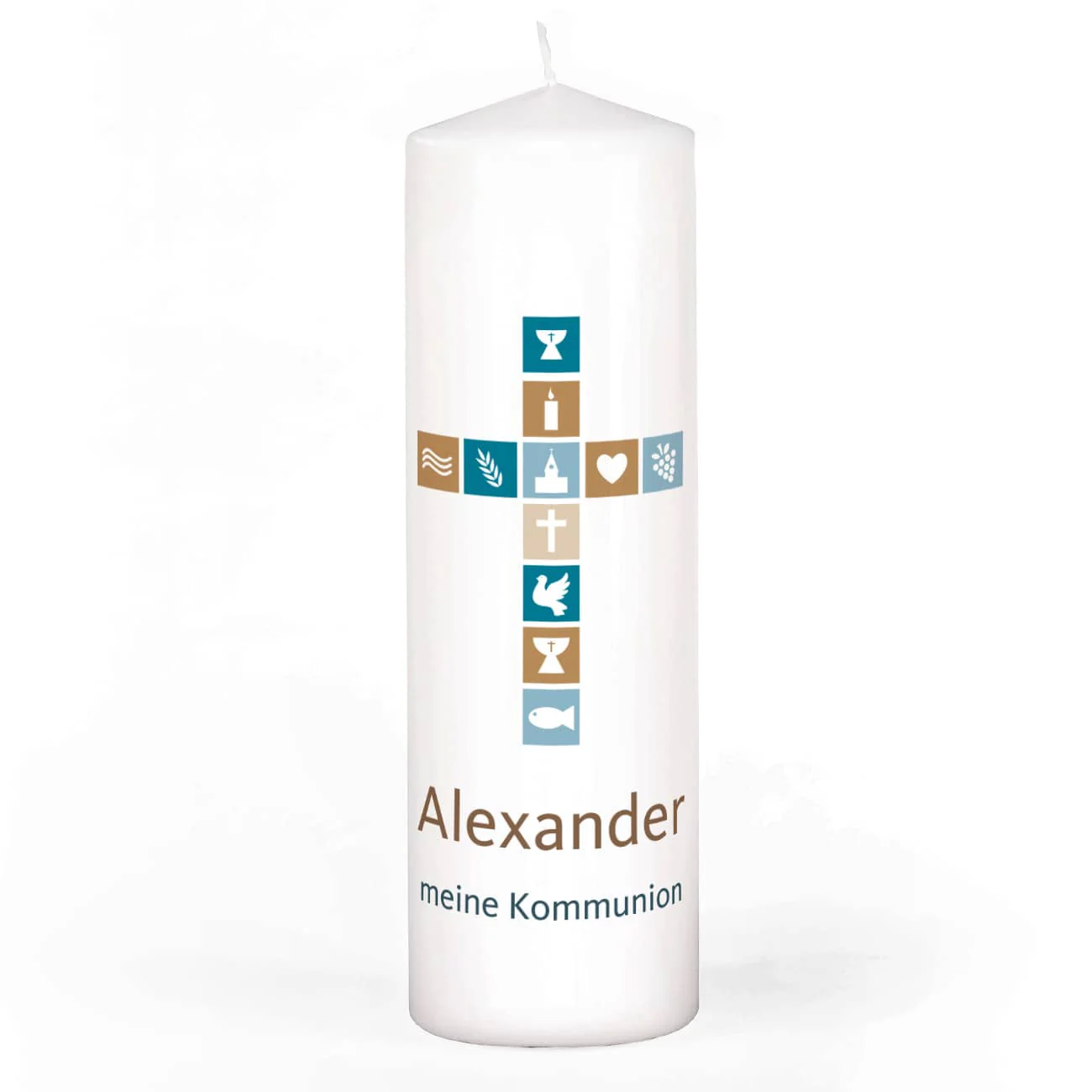 Kerze für religiöse Anlässe mit Name, Wunschtext sowie Kreuz in blau und braun, 25 x 8 cm – Bild 5
